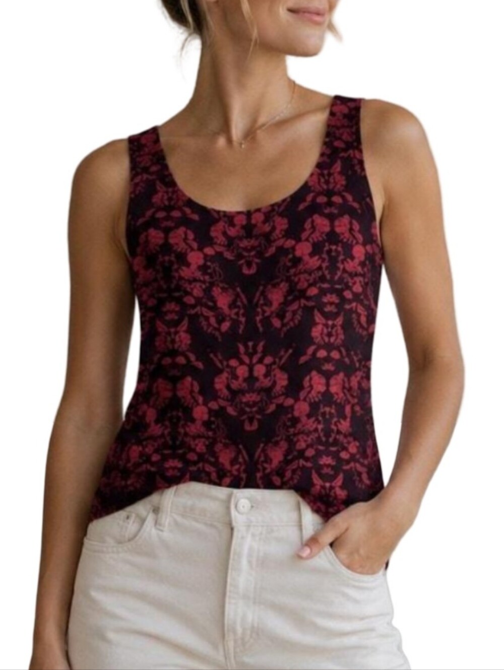 CAbi | Maroon And Red Floral Print Scoop Tank | Shabby Chic | Garden Party |